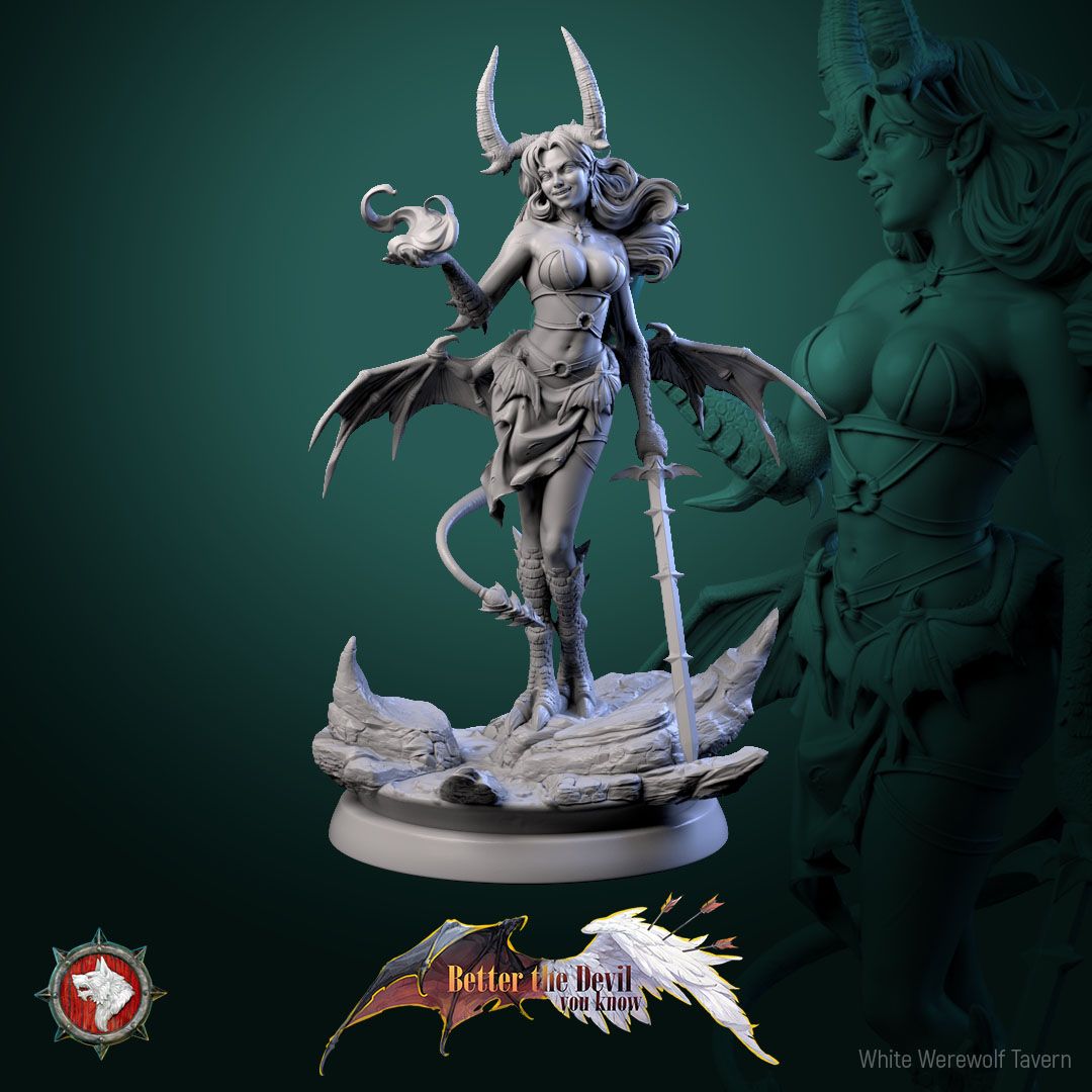 Render of Darkheart Dame Display Model | 75mm Succubus Miniature: Horned bat-winged succubus with blade on a rocky round, from White Werewolf's Better the Devil You Know. 75mm 3D printed resin display model.