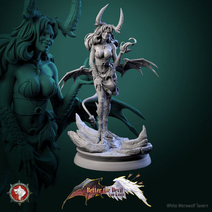 Render of Darkheart Dames | 32mm Succubus Miniatures: Six horned bat-winged succubi with spears, blades, and whips, from White Werewolf's Better the Devil You Know. 32mm 3D printed resin, single or set.