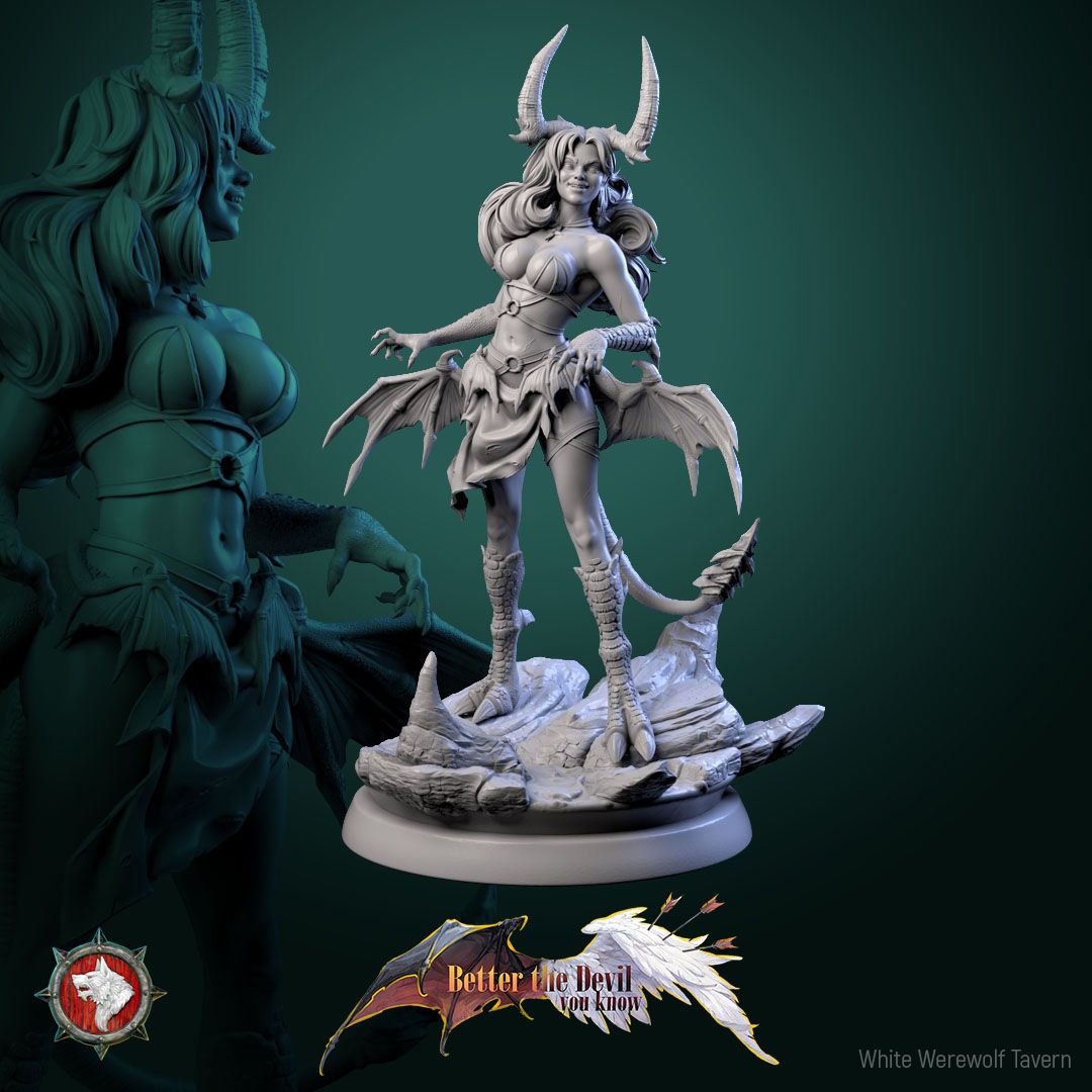 Render of Darkheart Dames | 32mm Succubus Miniatures: Six horned bat-winged succubi with spears, blades, and whips, from White Werewolf's Better the Devil You Know. 32mm 3D printed resin, single or set.