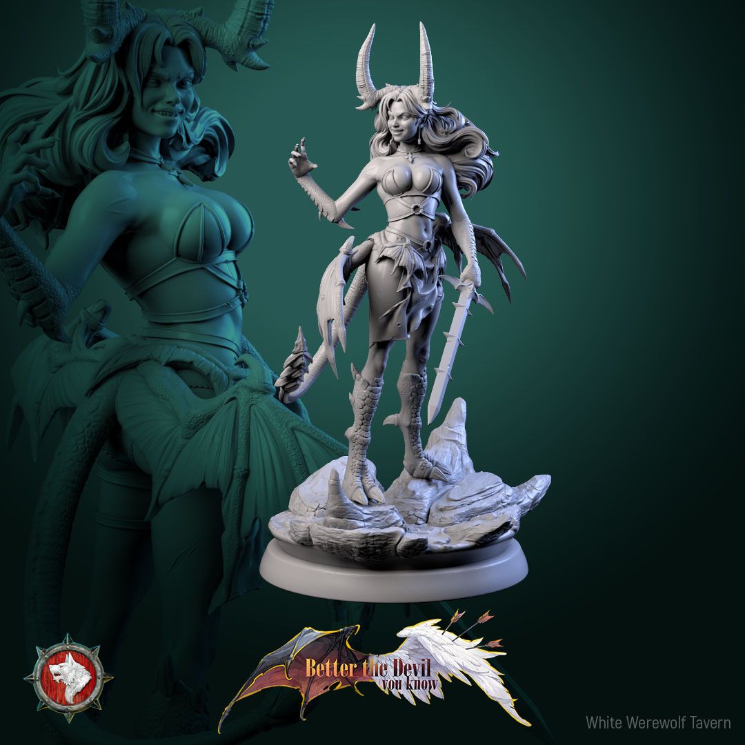 Render of Darkheart Dames | 32mm Succubus Miniatures: Six horned bat-winged succubi with spears, blades, and whips, from White Werewolf's Better the Devil You Know. 32mm 3D printed resin, single or set.