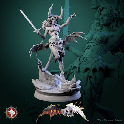 Render of Darkheart Dames | 32mm Succubus Miniatures: Six horned bat-winged succubi with spears, blades, and whips, from White Werewolf's Better the Devil You Know. 32mm 3D printed resin, single or set.