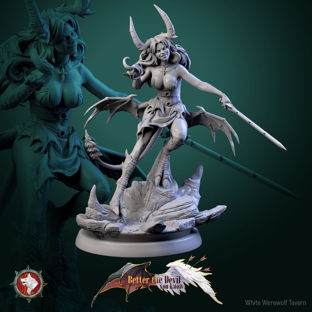Render of Darkheart Dames | 32mm Succubus Miniatures: Six horned bat-winged succubi with spears, blades, and whips, from White Werewolf's Better the Devil You Know. 32mm 3D printed resin, single or set.