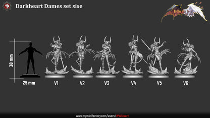 Render of Darkheart Dames | 32mm Succubus Miniatures: Six horned bat-winged succubi with spears, blades, and whips, from White Werewolf's Better the Devil You Know. 32mm 3D printed resin, single or set.