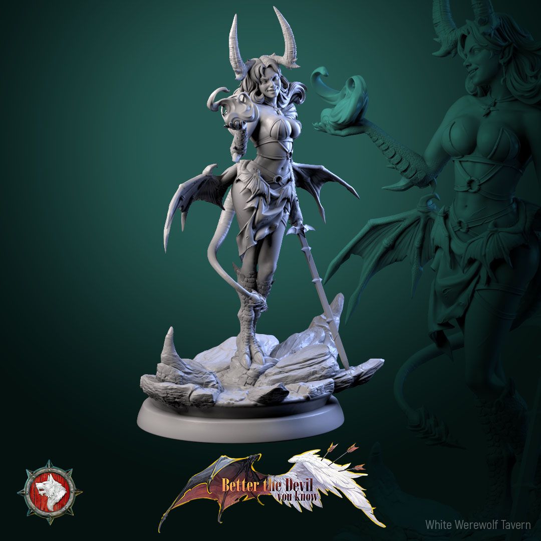 Render of Darkheart Dame Display Model | 75mm Succubus Miniature: Horned bat-winged succubus with blade on a rocky round, from White Werewolf's Better the Devil You Know. 75mm 3D printed resin display model.