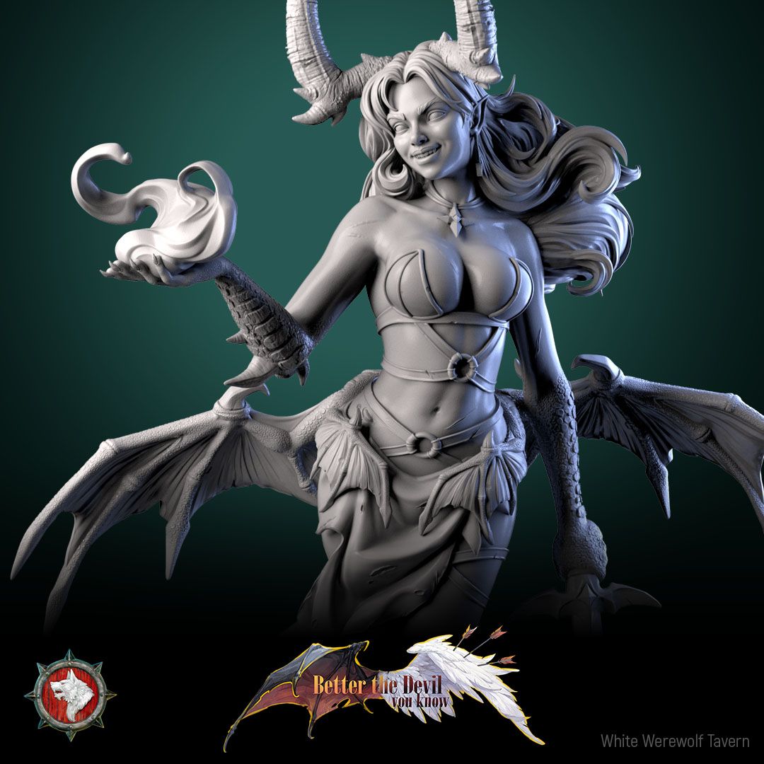 Render of Darkheart Dame Display Model | 75mm Succubus Miniature: Horned bat-winged succubus with blade on a rocky round, from White Werewolf's Better the Devil You Know. 75mm 3D printed resin display model.