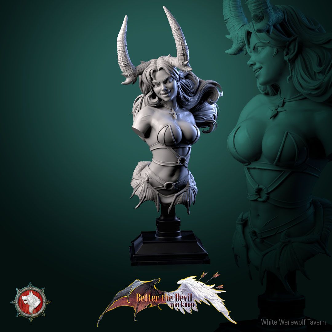 Render of Darkheart Dame Bust | Succubus Collector Bust: Horned succubus bust with swept hair and jeweled collar, from White Werewolf's Better the Devil You Know. 3D printed resin collector bust with stand.