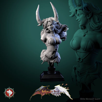 Render of Darkheart Dame Bust | Succubus Collector Bust: Horned succubus bust with swept hair and jeweled collar, from White Werewolf's Better the Devil You Know. 3D printed resin collector bust with stand.