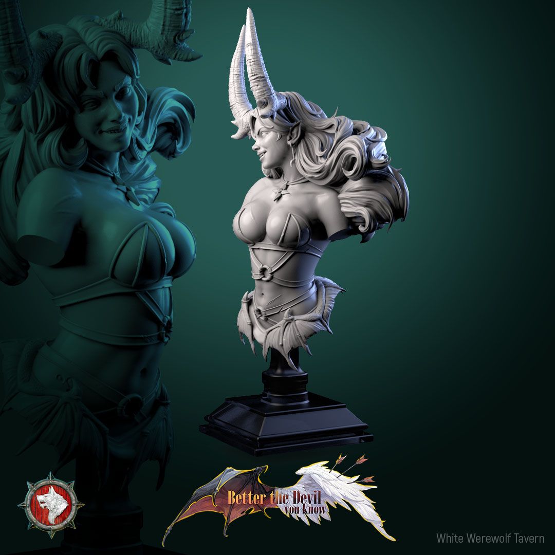 Render of Darkheart Dame Bust | Succubus Collector Bust: Horned succubus bust with swept hair and jeweled collar, from White Werewolf's Better the Devil You Know. 3D printed resin collector bust with stand.