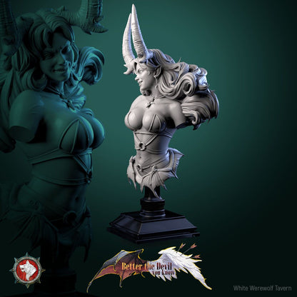 Render of Darkheart Dame Bust | Succubus Collector Bust: Horned succubus bust with swept hair and jeweled collar, from White Werewolf's Better the Devil You Know. 3D printed resin collector bust with stand.