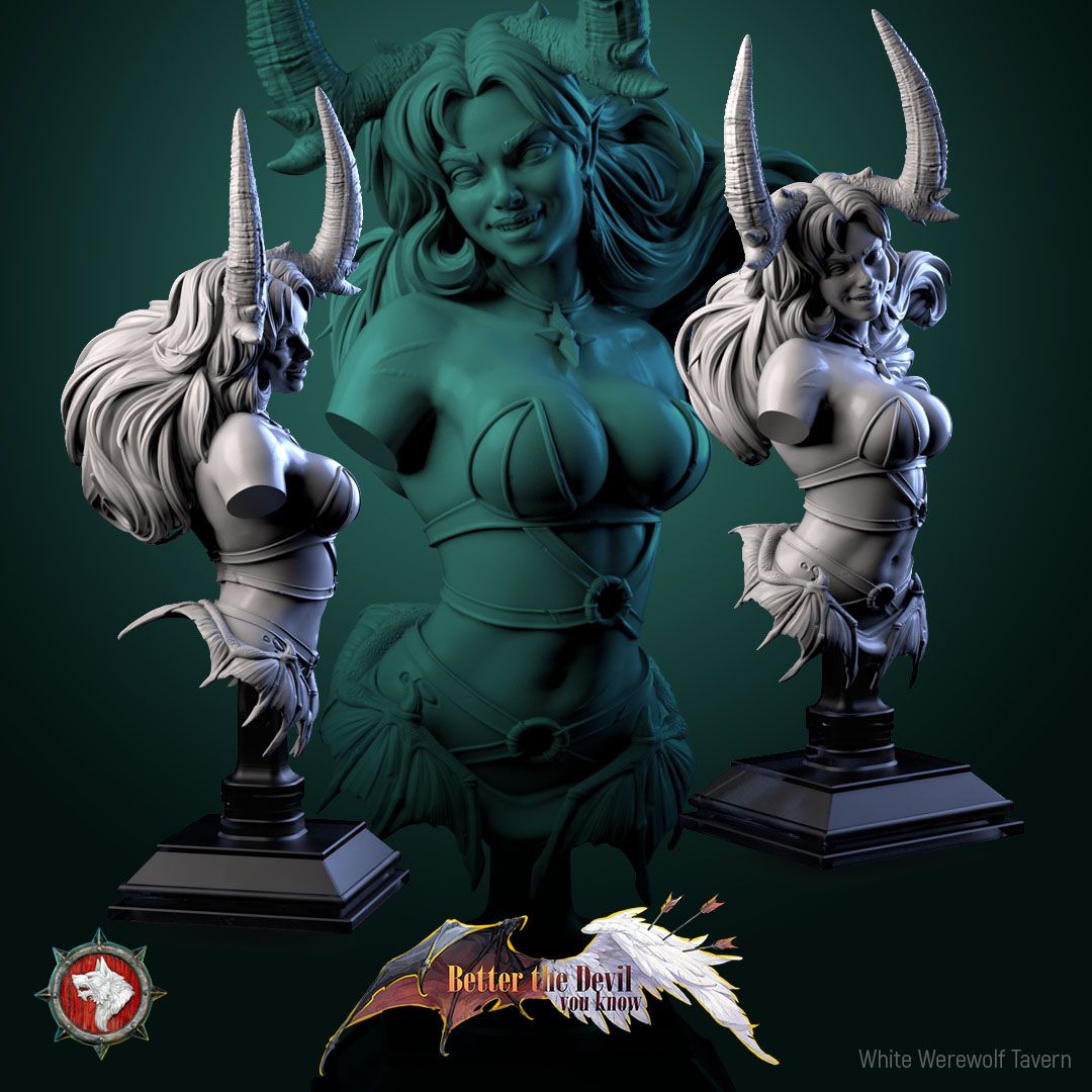 Render of Darkheart Dame Bust | Succubus Collector Bust: Horned succubus bust with swept hair and jeweled collar, from White Werewolf's Better the Devil You Know. 3D printed resin collector bust with stand.