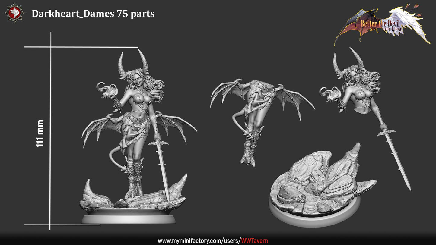 Render of Darkheart Dame Display Model | 75mm Succubus Miniature: Horned bat-winged succubus with blade on a rocky round, from White Werewolf's Better the Devil You Know. 75mm 3D printed resin display model.