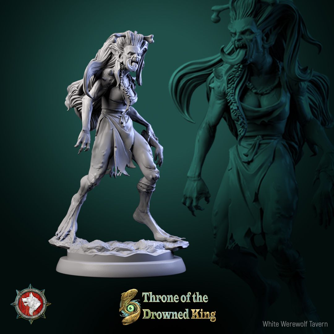 Render of Daughters of the Drowned | 32mm Drowned Hag Miniatures: Six waterlogged hag maidens with bone pins and ragged shifts, from White Werewolf's Throne of the Drowned King. 32mm resin undead, single or set.
