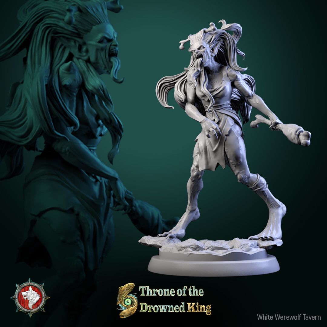 Render of Daughters of the Drowned | 32mm Drowned Hag Miniatures: Six waterlogged hag maidens with bone pins and ragged shifts, from White Werewolf's Throne of the Drowned King. 32mm resin undead, single or set.