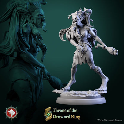 Render of Daughters of the Drowned | 32mm Drowned Hag Miniatures: Six waterlogged hag maidens with bone pins and ragged shifts, from White Werewolf's Throne of the Drowned King. 32mm resin undead, single or set.