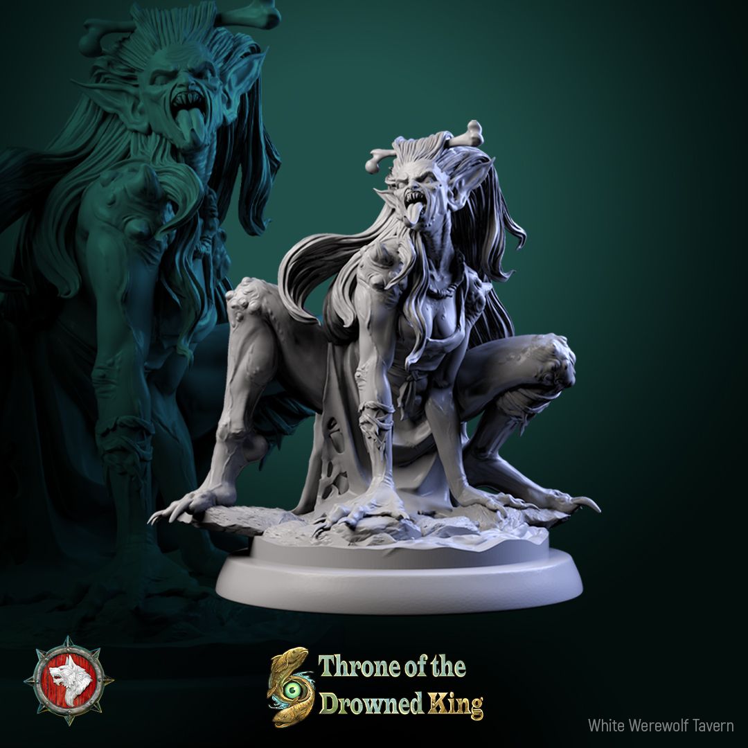Render of Daughters of the Drowned | 32mm Drowned Hag Miniatures: Six waterlogged hag maidens with bone pins and ragged shifts, from White Werewolf's Throne of the Drowned King. 32mm resin undead, single or set.