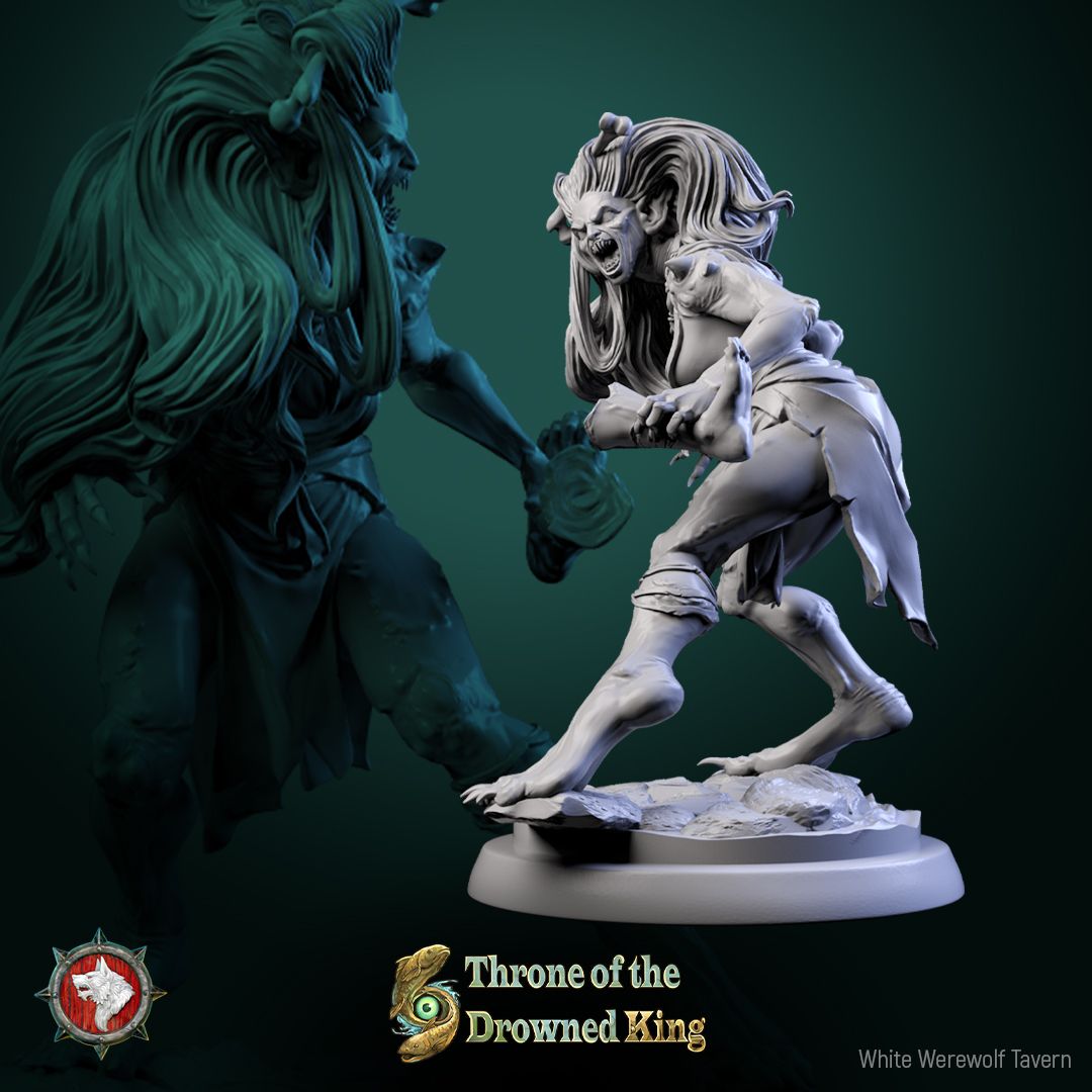 Render of Daughters of the Drowned | 32mm Drowned Hag Miniatures: Six waterlogged hag maidens with bone pins and ragged shifts, from White Werewolf's Throne of the Drowned King. 32mm resin undead, single or set.
