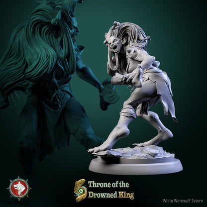 Render of Daughters of the Drowned | 32mm Drowned Hag Miniatures: Six waterlogged hag maidens with bone pins and ragged shifts, from White Werewolf's Throne of the Drowned King. 32mm resin undead, single or set.