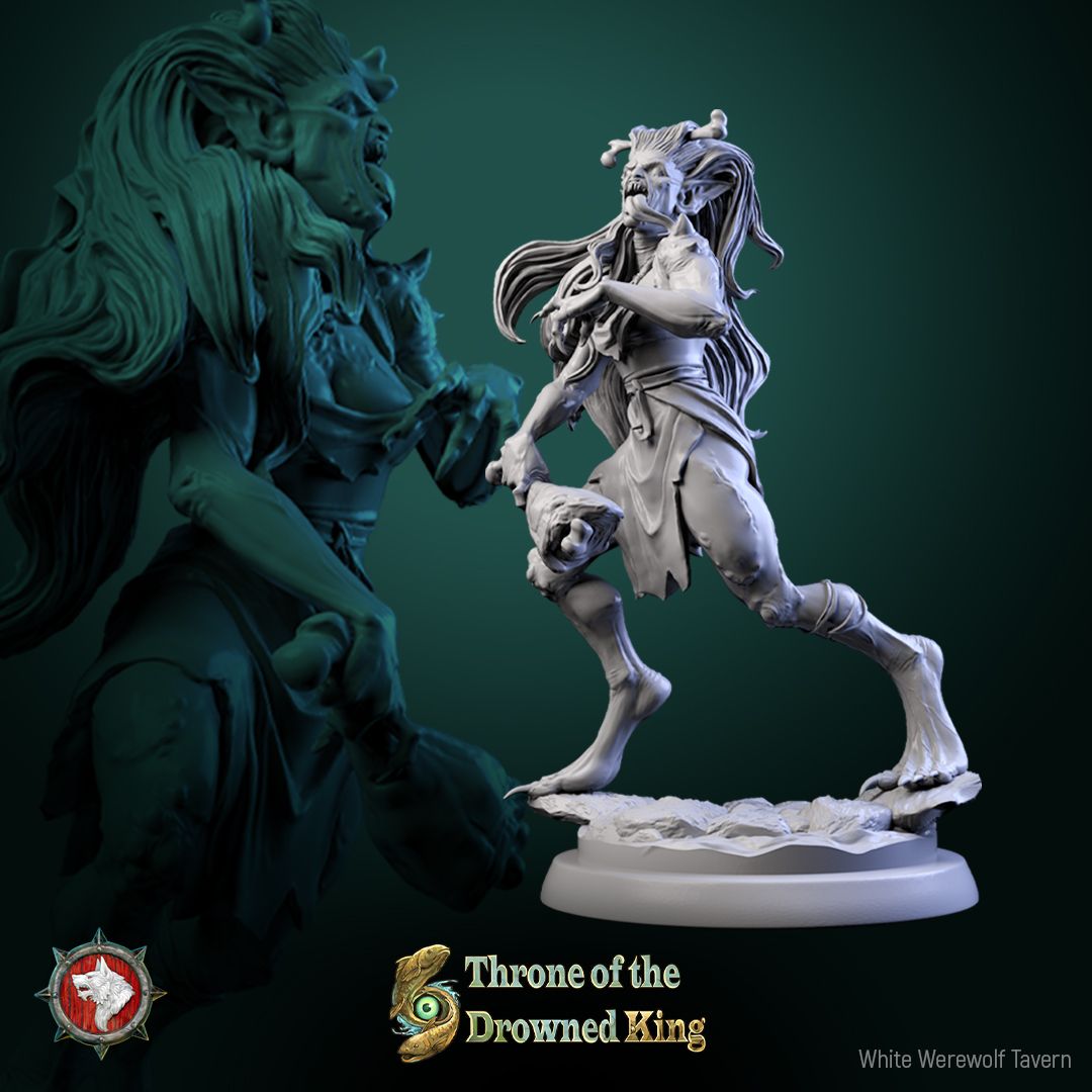 Render of Daughters of the Drowned | 32mm Drowned Hag Miniatures: Six waterlogged hag maidens with bone pins and ragged shifts, from White Werewolf's Throne of the Drowned King. 32mm resin undead, single or set.