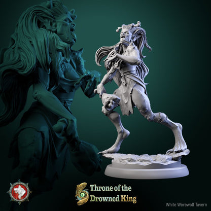 Render of Daughters of the Drowned | 32mm Drowned Hag Miniatures: Six waterlogged hag maidens with bone pins and ragged shifts, from White Werewolf's Throne of the Drowned King. 32mm resin undead, single or set.