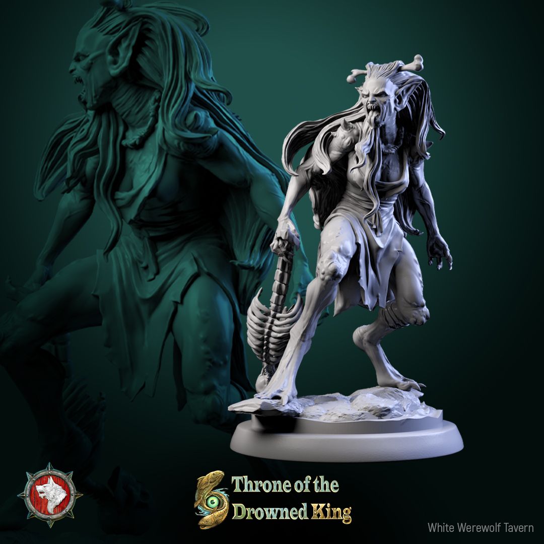 Render of Daughters of the Drowned | 32mm Drowned Hag Miniatures: Six waterlogged hag maidens with bone pins and ragged shifts, from White Werewolf's Throne of the Drowned King. 32mm resin undead, single or set.