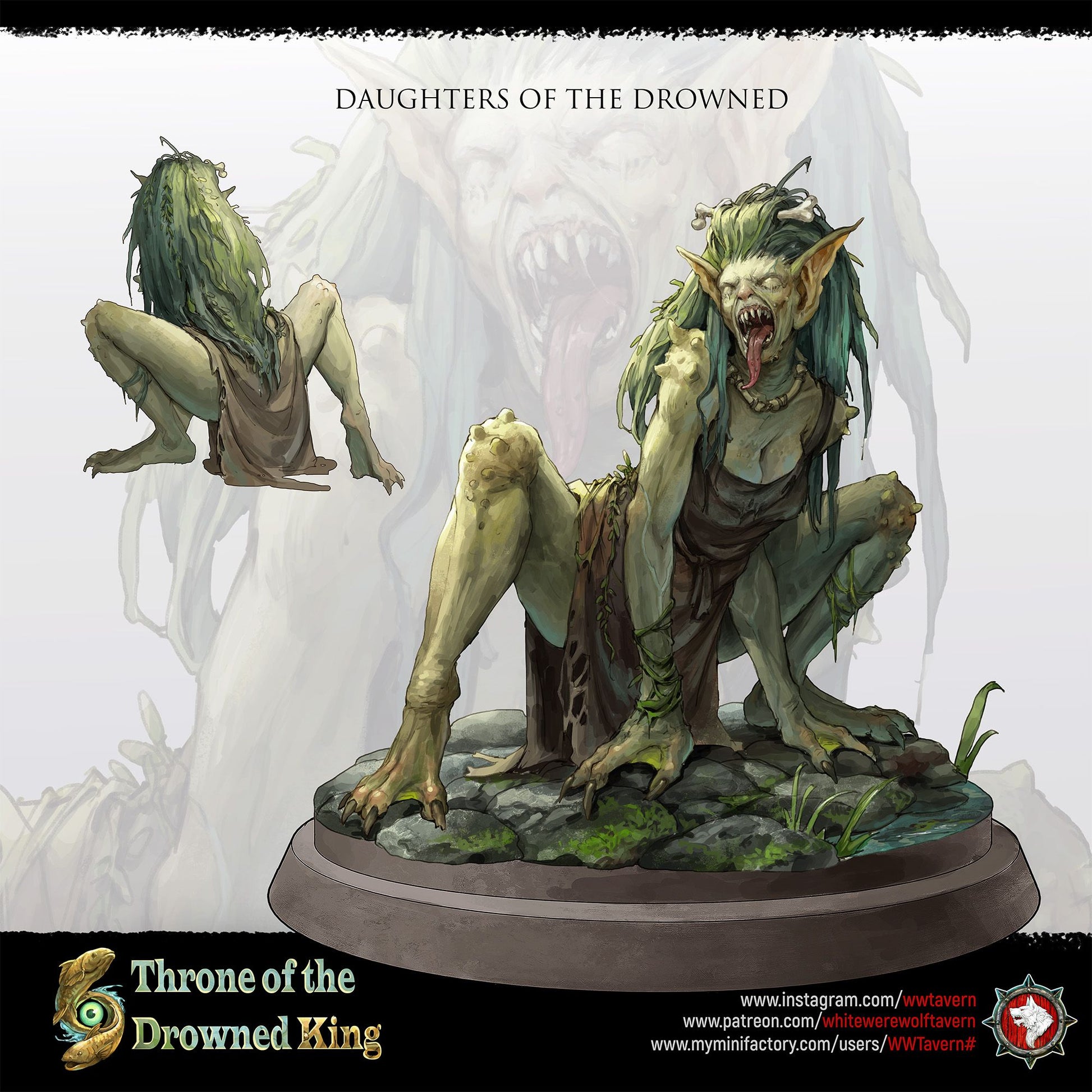 Render of Daughters of the Drowned | 32mm Drowned Hag Miniatures: Six waterlogged hag maidens with bone pins and ragged shifts, from White Werewolf's Throne of the Drowned King. 32mm resin undead, single or set.