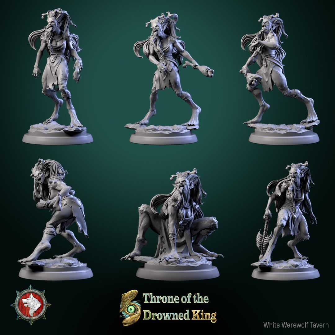 Render of Daughters of the Drowned | 32mm Drowned Hag Miniatures: Six waterlogged hag maidens with bone pins and ragged shifts, from White Werewolf's Throne of the Drowned King. 32mm resin undead, single or set.