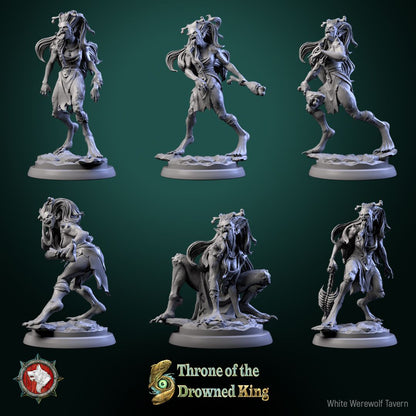 Render of Daughters of the Drowned | 32mm Drowned Hag Miniatures: Six waterlogged hag maidens with bone pins and ragged shifts, from White Werewolf's Throne of the Drowned King. 32mm resin undead, single or set.