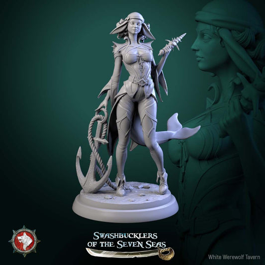 Render of Delphinid Raider Display Model | 75mm Sea-Folk Pirate: Female dolphin-folk pirate with shell dagger and anchor on a beach round, from White Werewolf's Swashbucklers of the Seven Seas. 75mm 3D printed resin.