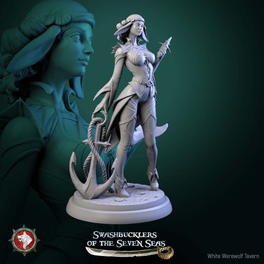 Render of Delphinid Raider Display Model | 75mm Sea-Folk Pirate: Female dolphin-folk pirate with shell dagger and anchor on a beach round, from White Werewolf's Swashbucklers of the Seven Seas. 75mm 3D printed resin.