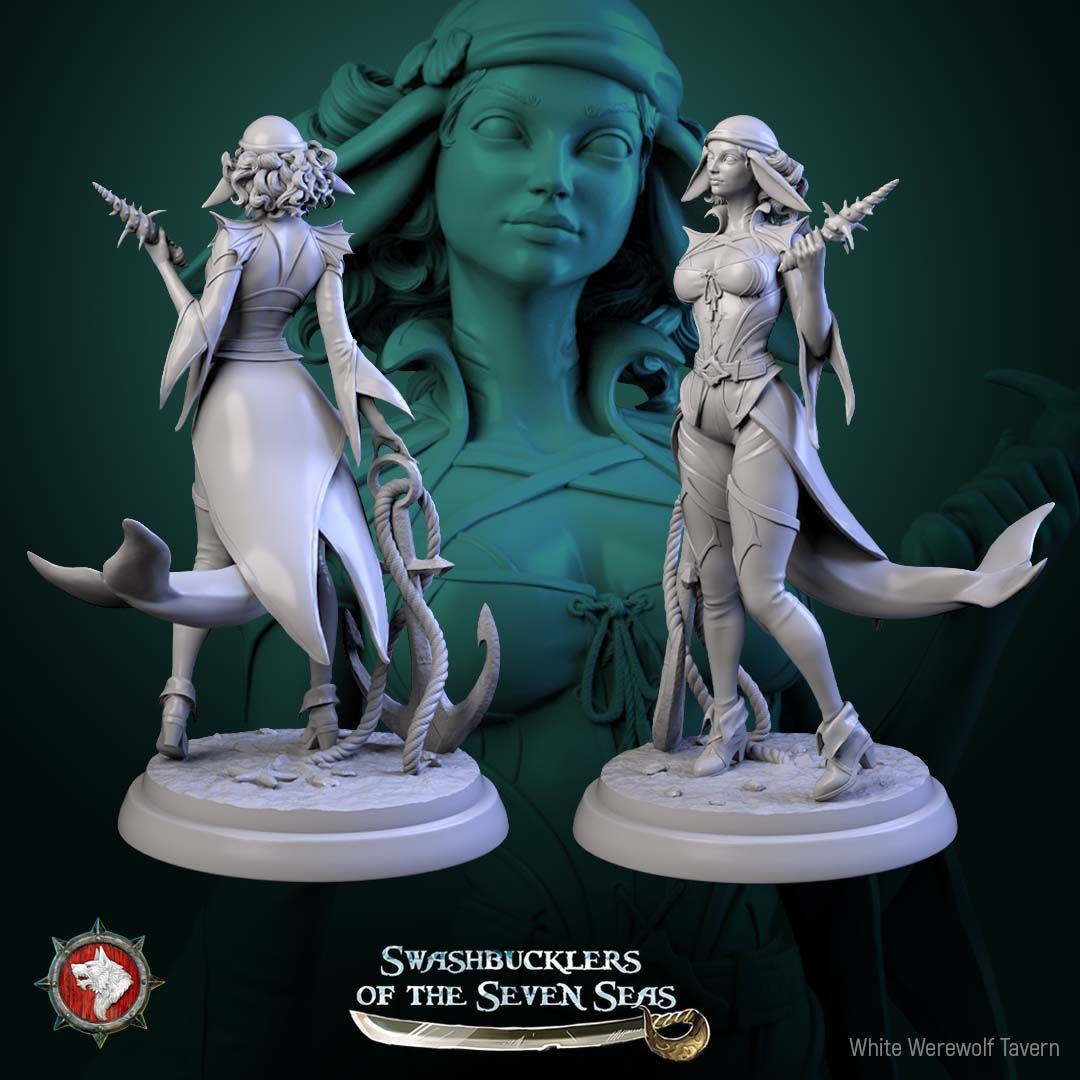 Render of Delphinid Raider Display Model | 75mm Sea-Folk Pirate: Female dolphin-folk pirate with shell dagger and anchor on a beach round, from White Werewolf's Swashbucklers of the Seven Seas. 75mm 3D printed resin.