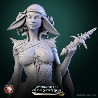 Render of Delphinid Raider Display Model | 75mm Sea-Folk Pirate: Female dolphin-folk pirate with shell dagger and anchor on a beach round, from White Werewolf's Swashbucklers of the Seven Seas. 75mm 3D printed resin.
