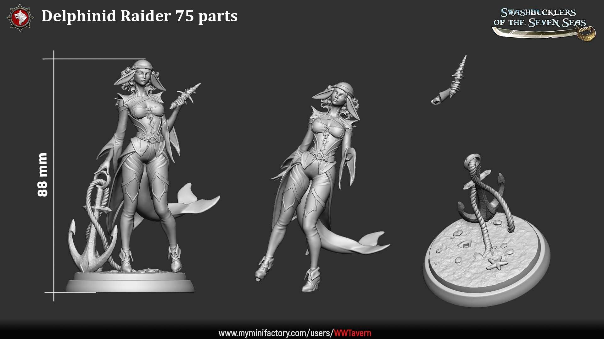 Render of Delphinid Raider Display Model | 75mm Sea-Folk Pirate: Female dolphin-folk pirate with shell dagger and anchor on a beach round, from White Werewolf's Swashbucklers of the Seven Seas. 75mm 3D printed resin.