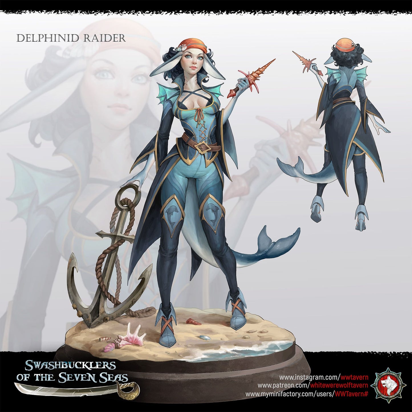 Render of Delphinid Raider Display Model | 75mm Sea-Folk Pirate: Female dolphin-folk pirate with shell dagger and anchor on a beach round, from White Werewolf's Swashbucklers of the Seven Seas. 75mm 3D printed resin.