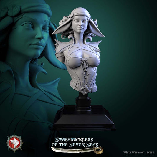 Render of Delphinid Raider Bust | Sea-Folk Pirate Collector Bust: Female dolphin-folk pirate bust with fin ears, head wrap, and laced corset, from White Werewolf's Swashbucklers of the Seven Seas. 3D printed resin bust.