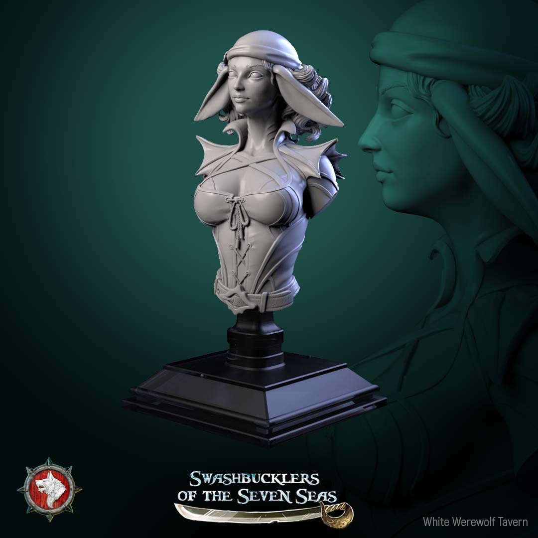 Render of Delphinid Raider Bust | Sea-Folk Pirate Collector Bust: Female dolphin-folk pirate bust with fin ears, head wrap, and laced corset, from White Werewolf's Swashbucklers of the Seven Seas. 3D printed resin bust.