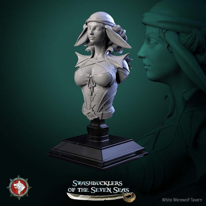 Render of Delphinid Raider Bust | Sea-Folk Pirate Collector Bust: Female dolphin-folk pirate bust with fin ears, head wrap, and laced corset, from White Werewolf's Swashbucklers of the Seven Seas. 3D printed resin bust.