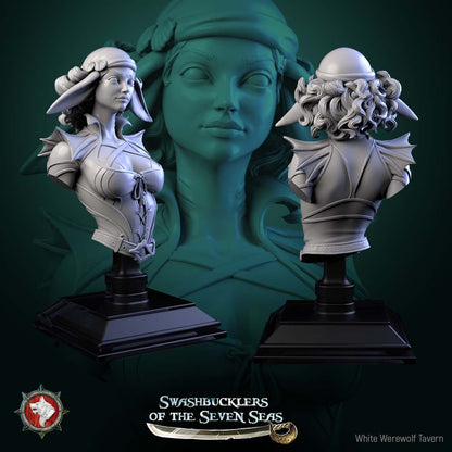 Render of Delphinid Raider Bust | Sea-Folk Pirate Collector Bust: Female dolphin-folk pirate bust with fin ears, head wrap, and laced corset, from White Werewolf's Swashbucklers of the Seven Seas. 3D printed resin bust.