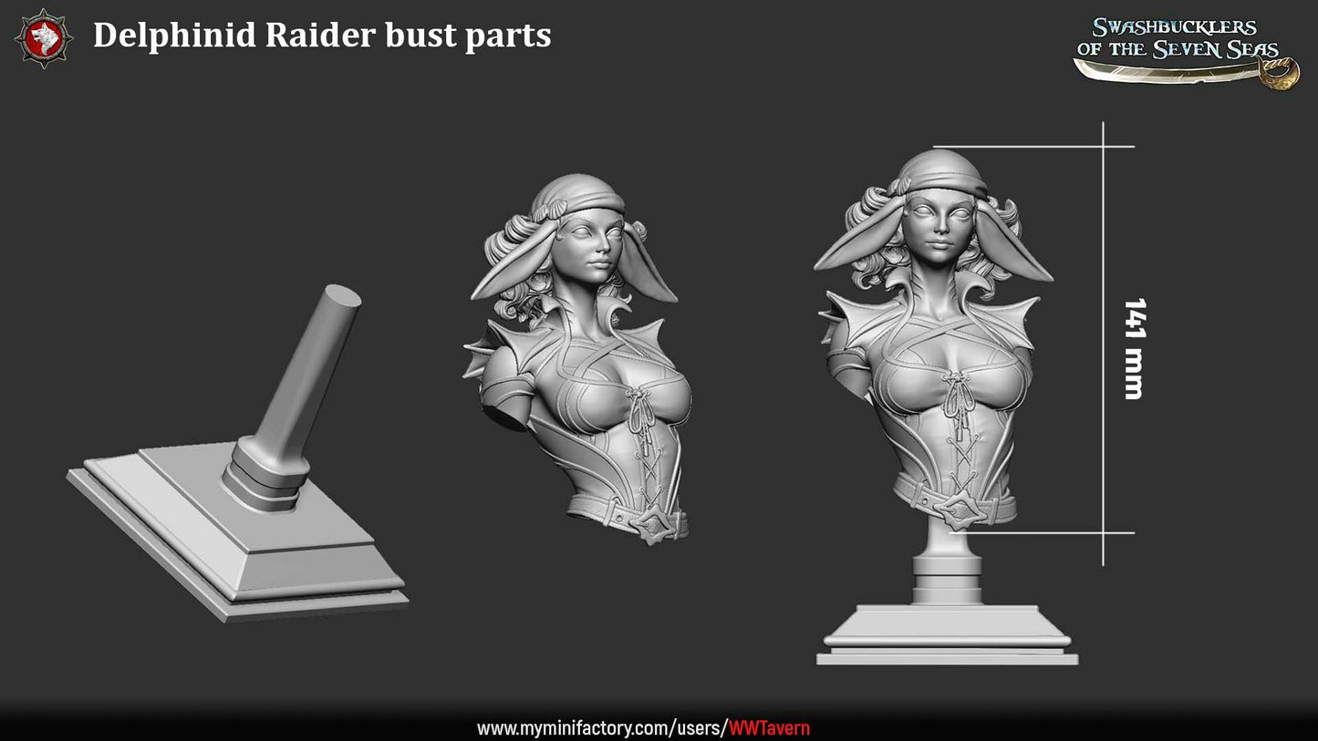 Render of Delphinid Raider Bust | Sea-Folk Pirate Collector Bust: Female dolphin-folk pirate bust with fin ears, head wrap, and laced corset, from White Werewolf's Swashbucklers of the Seven Seas. 3D printed resin bust.