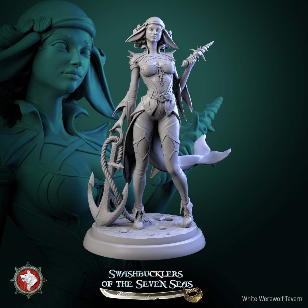 Render of Delphinid Raiders | 32mm Sea-Folk Pirate Miniatures: Six female dolphin-folk pirates with fin ears, tails, and shell daggers, from White Werewolf's Swashbucklers of the Seven Seas. 32mm resin, single or set.