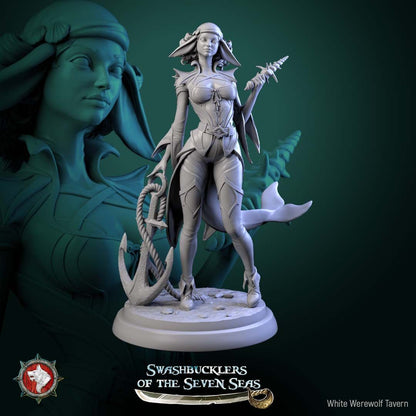 Render of Delphinid Raiders | 32mm Sea-Folk Pirate Miniatures: Six female dolphin-folk pirates with fin ears, tails, and shell daggers, from White Werewolf's Swashbucklers of the Seven Seas. 32mm resin, single or set.