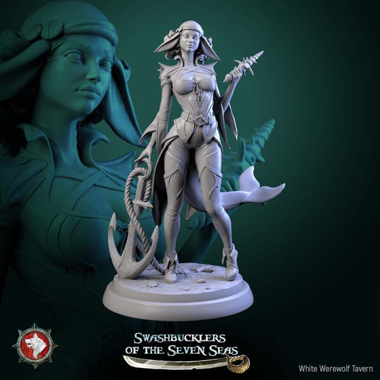 Render of Delphinid Raiders | 32mm Sea-Folk Pirate Miniatures: Six female dolphin-folk pirates with fin ears, tails, and shell daggers, from White Werewolf's Swashbucklers of the Seven Seas. 32mm resin, single or set.