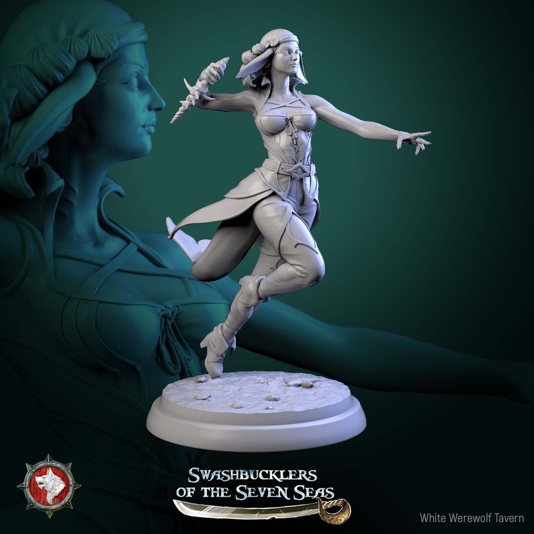 Render of Delphinid Raiders | 32mm Sea-Folk Pirate Miniatures: Six female dolphin-folk pirates with fin ears, tails, and shell daggers, from White Werewolf's Swashbucklers of the Seven Seas. 32mm resin, single or set.