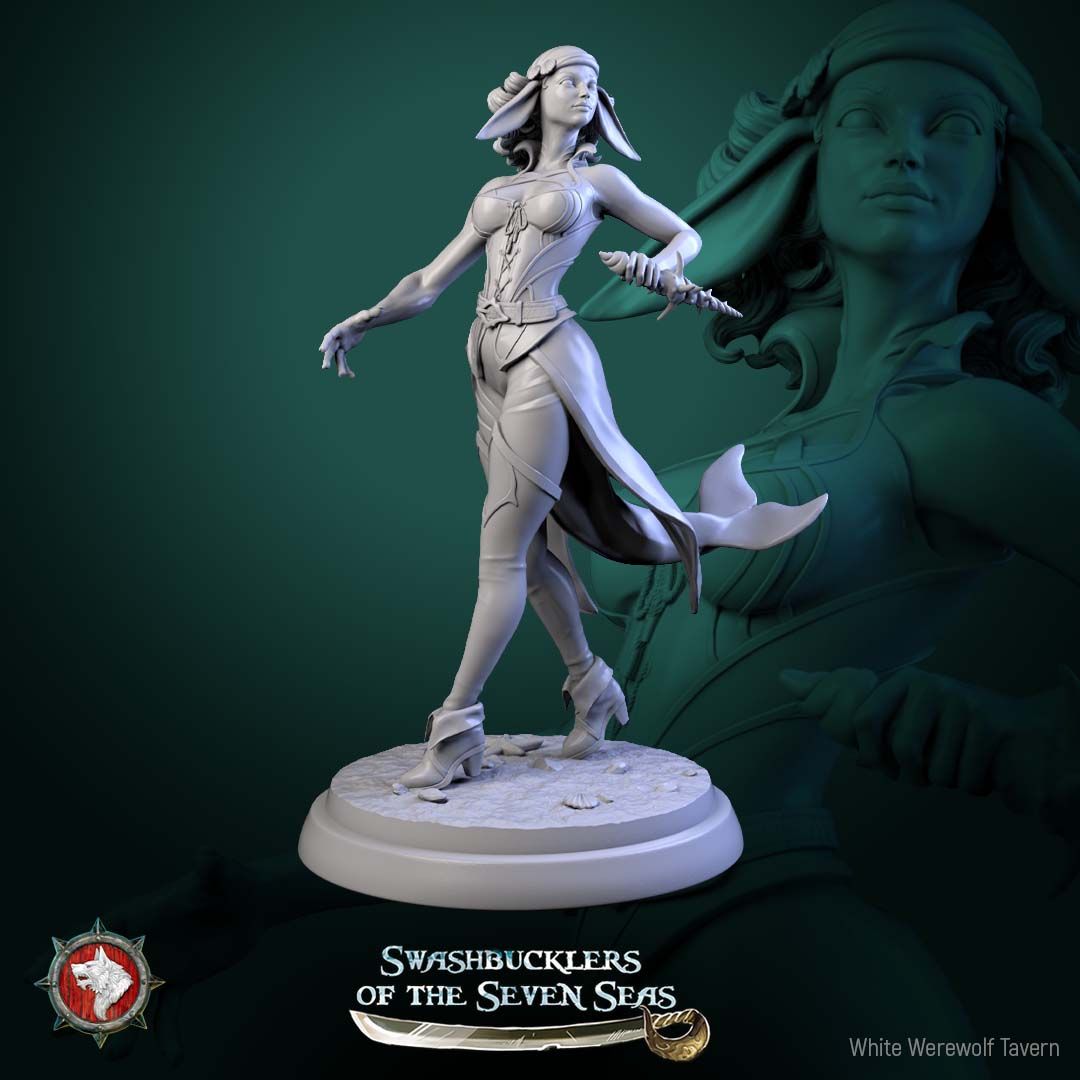 Render of Delphinid Raiders | 32mm Sea-Folk Pirate Miniatures: Six female dolphin-folk pirates with fin ears, tails, and shell daggers, from White Werewolf's Swashbucklers of the Seven Seas. 32mm resin, single or set.