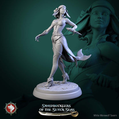 Render of Delphinid Raiders | 32mm Sea-Folk Pirate Miniatures: Six female dolphin-folk pirates with fin ears, tails, and shell daggers, from White Werewolf's Swashbucklers of the Seven Seas. 32mm resin, single or set.