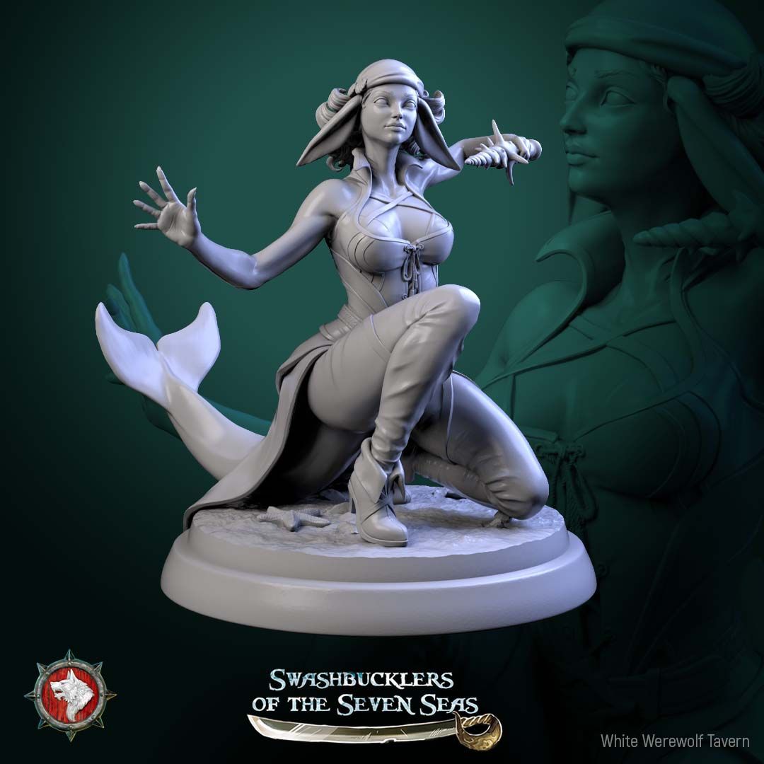 Render of Delphinid Raiders | 32mm Sea-Folk Pirate Miniatures: Six female dolphin-folk pirates with fin ears, tails, and shell daggers, from White Werewolf's Swashbucklers of the Seven Seas. 32mm resin, single or set.