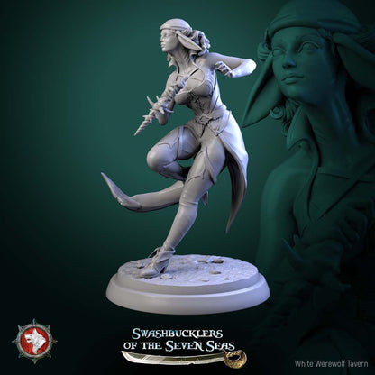 Render of Delphinid Raiders | 32mm Sea-Folk Pirate Miniatures: Six female dolphin-folk pirates with fin ears, tails, and shell daggers, from White Werewolf's Swashbucklers of the Seven Seas. 32mm resin, single or set.