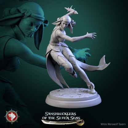 Render of Delphinid Raiders | 32mm Sea-Folk Pirate Miniatures: Six female dolphin-folk pirates with fin ears, tails, and shell daggers, from White Werewolf's Swashbucklers of the Seven Seas. 32mm resin, single or set.
