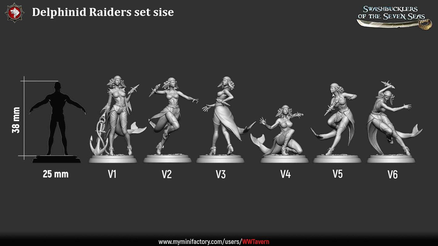 Render of Delphinid Raiders | 32mm Sea-Folk Pirate Miniatures: Six female dolphin-folk pirates with fin ears, tails, and shell daggers, from White Werewolf's Swashbucklers of the Seven Seas. 32mm resin, single or set.