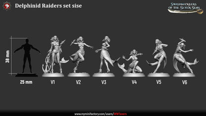 Render of Delphinid Raiders | 32mm Sea-Folk Pirate Miniatures: Six female dolphin-folk pirates with fin ears, tails, and shell daggers, from White Werewolf's Swashbucklers of the Seven Seas. 32mm resin, single or set.