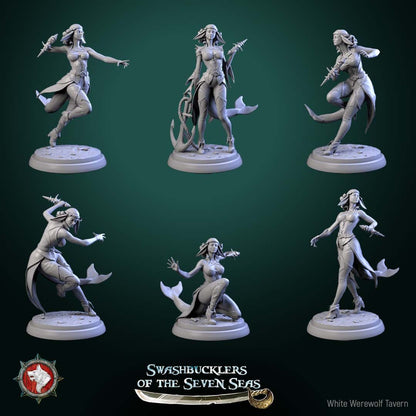 Render of Delphinid Raiders | 32mm Sea-Folk Pirate Miniatures: Six female dolphin-folk pirates with fin ears, tails, and shell daggers, from White Werewolf's Swashbucklers of the Seven Seas. 32mm resin, single or set.